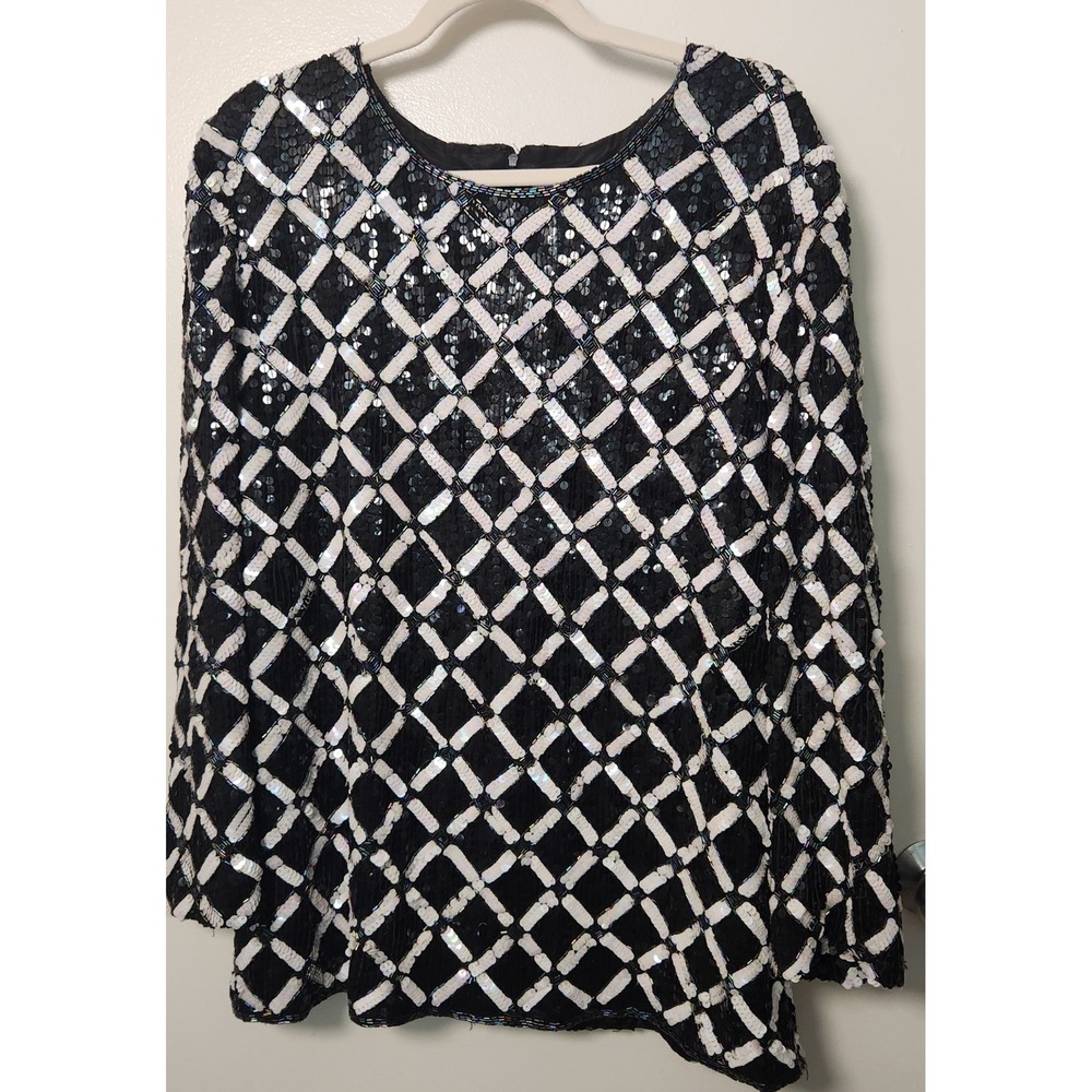 Vtg Talbots‎ 100% Silk Sequin Encrusted Tunic Blouse XL Back Zip Black Lined
